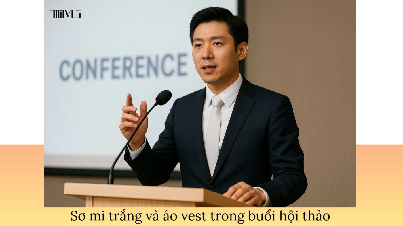 Áo sơ mi trắng kết hợp vest cho giảng viên đại học – trang trọng, lịch sự trong hội thảo