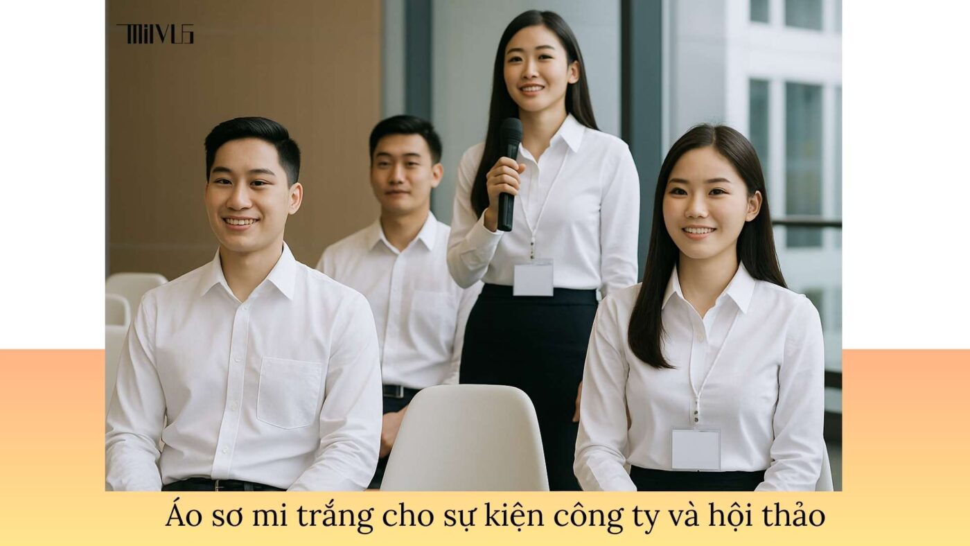 Áo sơ mi trắng cho nhân viên kinh doanh – đồng bộ trong sự kiện, tạo hình ảnh chuyên nghiệp.