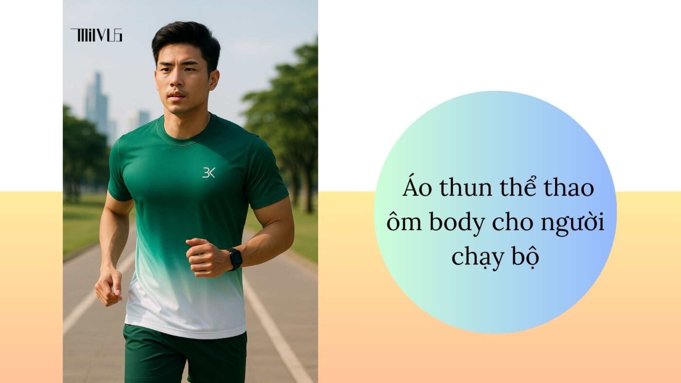Người mẫu nam châu Á mặc áo thun thể thao xanh lá phối trắng, chạy bộ ngoài trời buổi sáng, áo ôm body thoáng mát, dễ vận động.