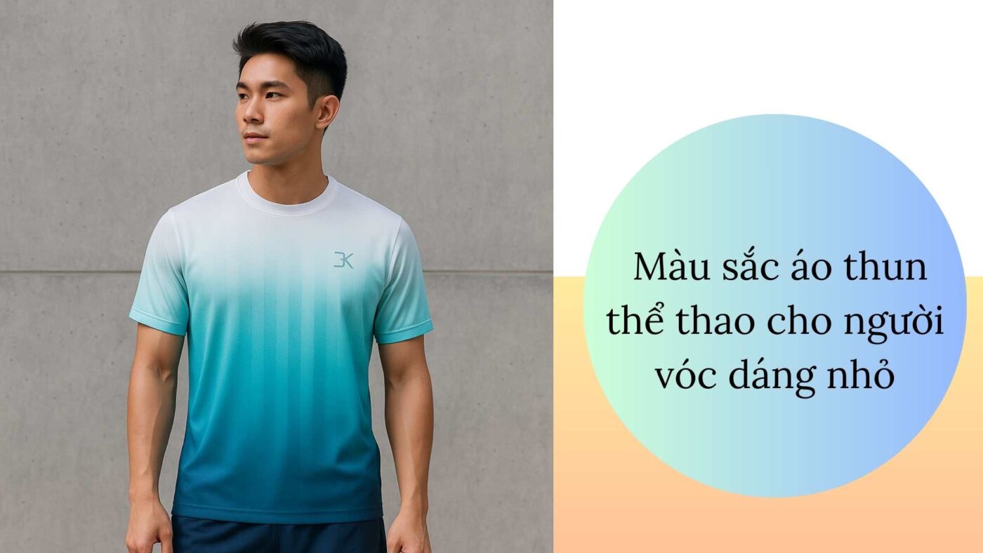 Áo thun thể thao nam màu xanh–trắng gradient, giúp người vóc dáng nhỏ trông cao hơn, phối màu tinh tế tạo cảm giác cân đối.