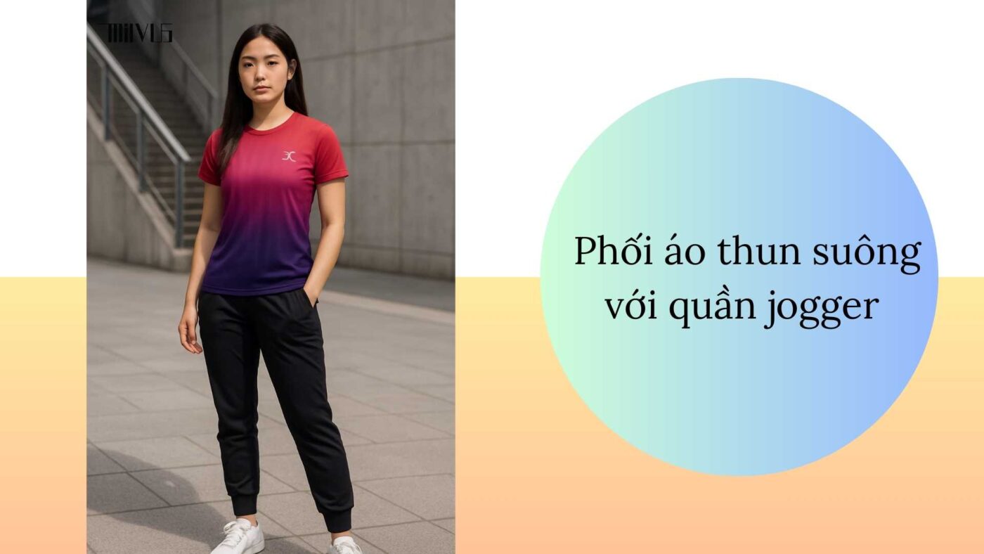 Người mẫu nữ châu Á mặc áo thun thể thao suông đỏ tím, kết hợp quần jogger tối màu và giày sneaker, thể hiện phong cách streetwear cá tính.