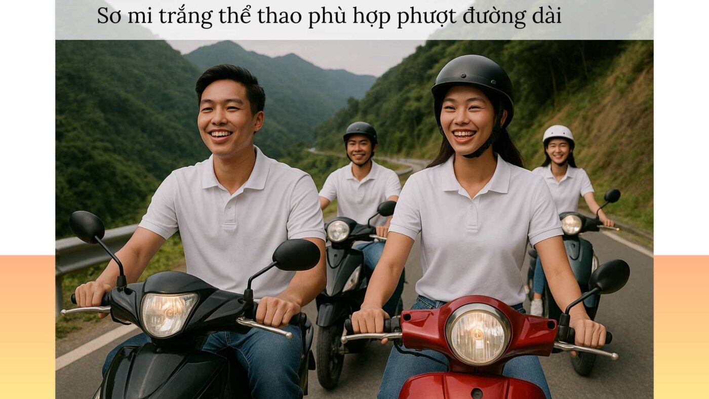 Áo sơ mi trắng cho người mặc đi xe máy nhiều – thể thao, thoải mái, phù hợp phượt đường dài.