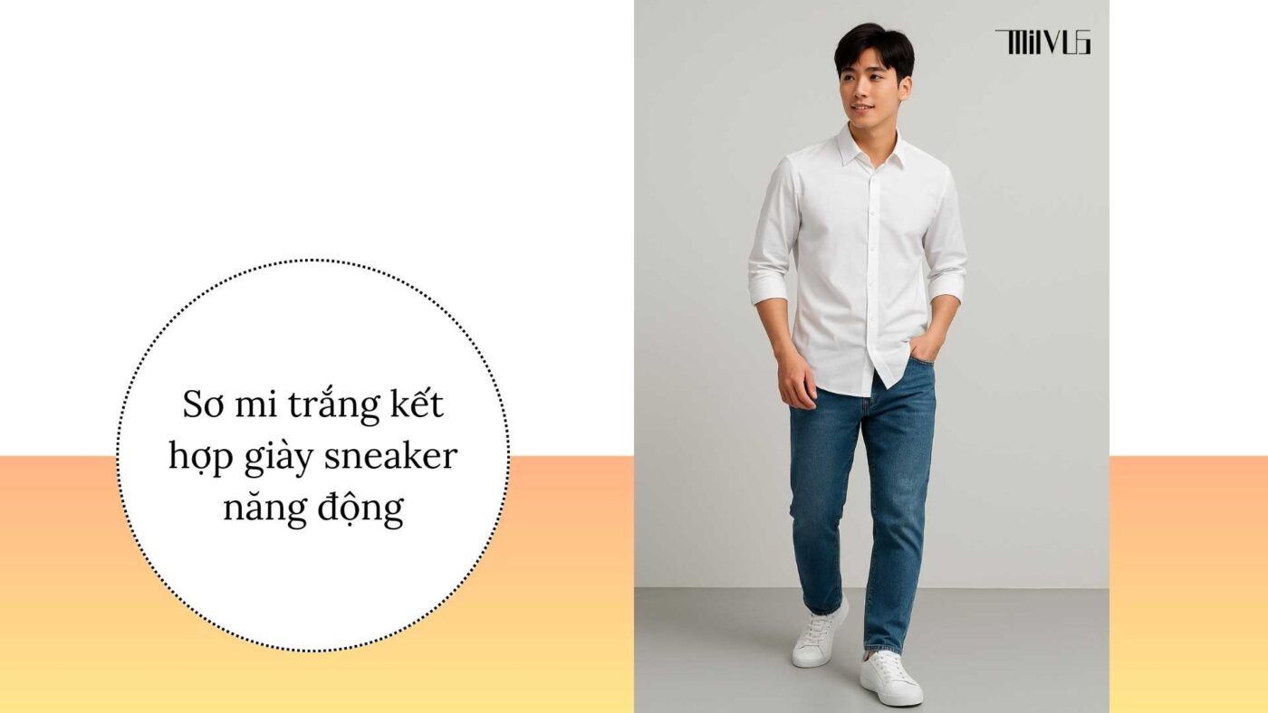 Áo sơ mi trắng cho người thích mặc sơ mi không nóng – phối sneaker trẻ trung, năng động.