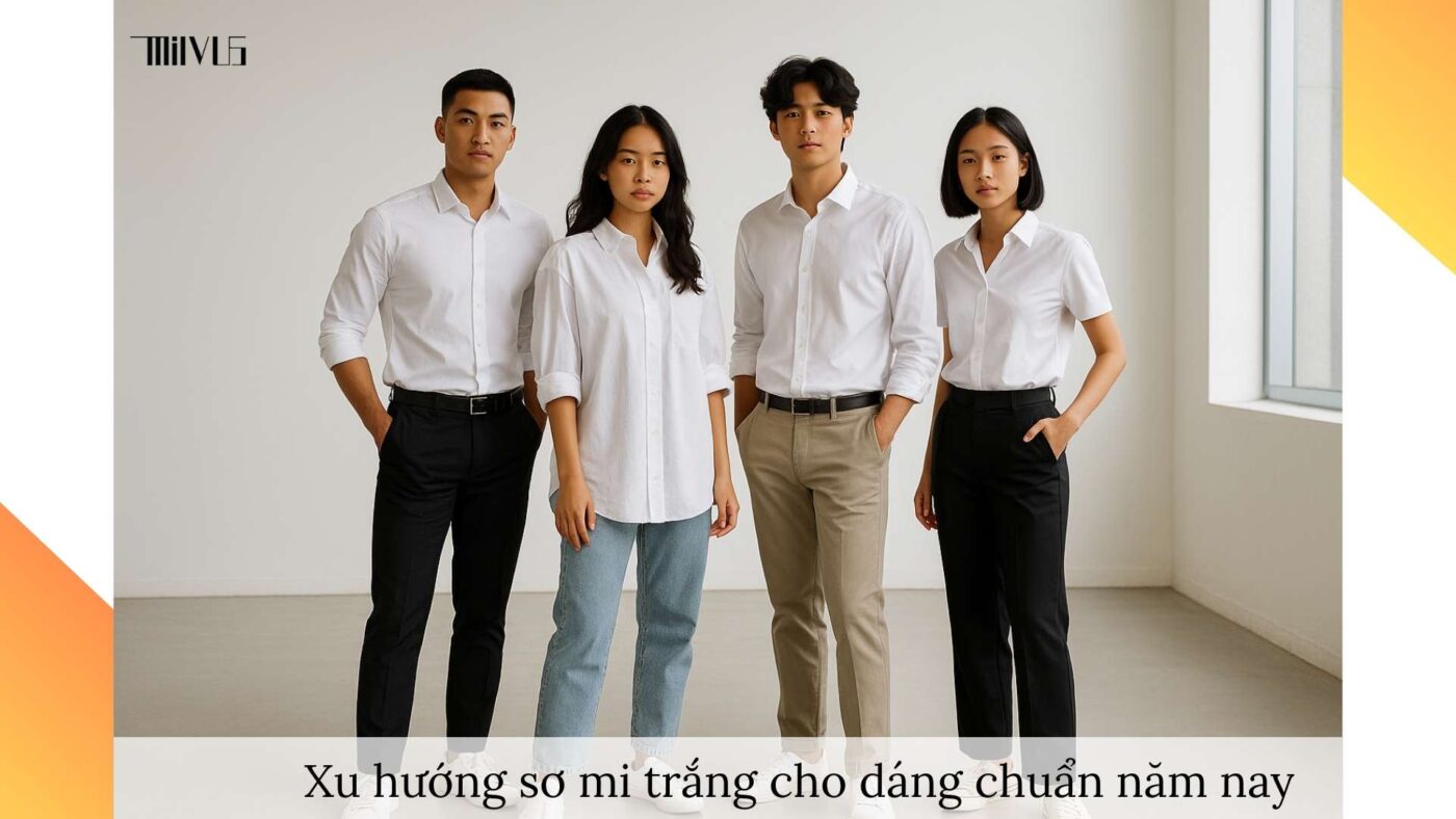 Xu hướng áo sơ mi trắng cho người có da ngăm – tối giản, streetwear, hiện đại.