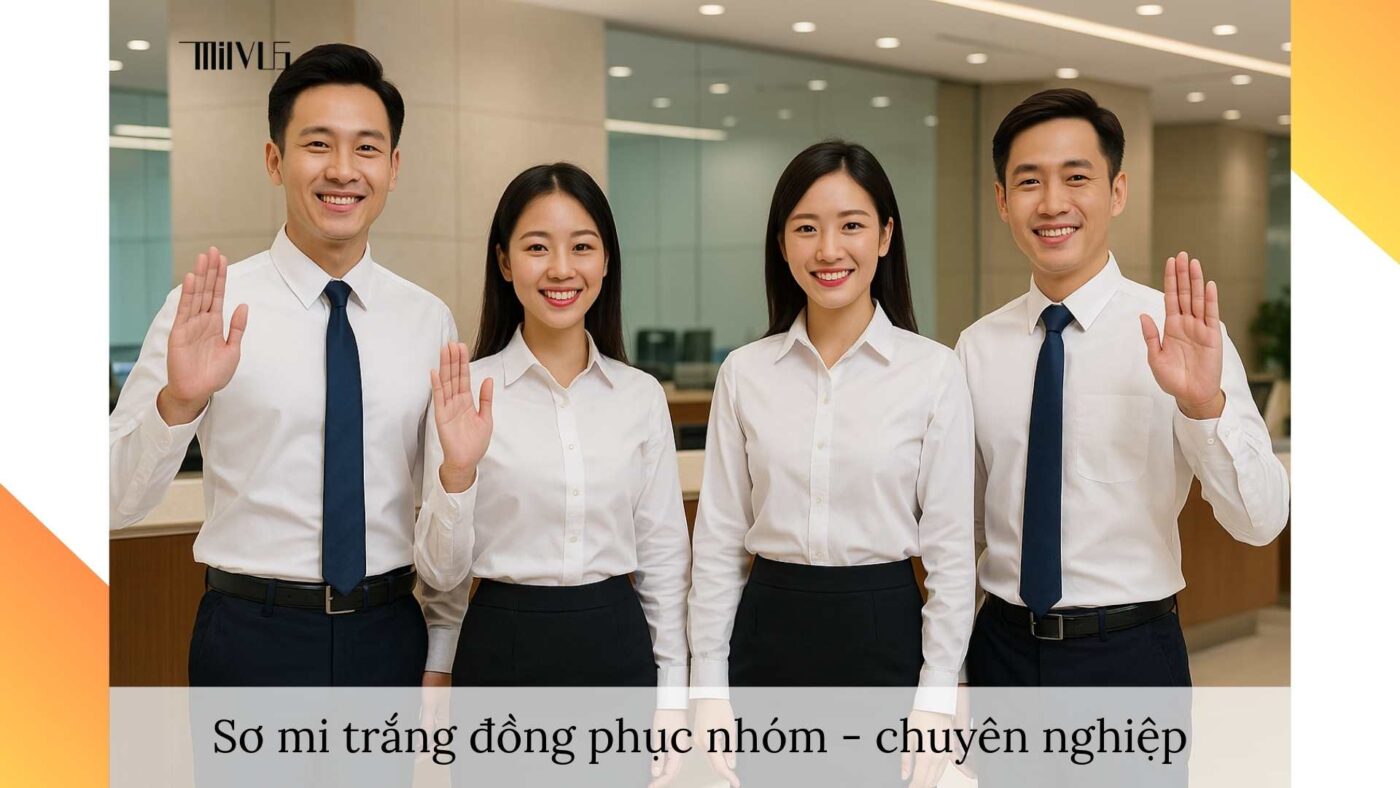 Áo sơ mi trắng cho nhân viên ngân hàng – đồng phục nhóm, đồng bộ, chuyên nghiệp.