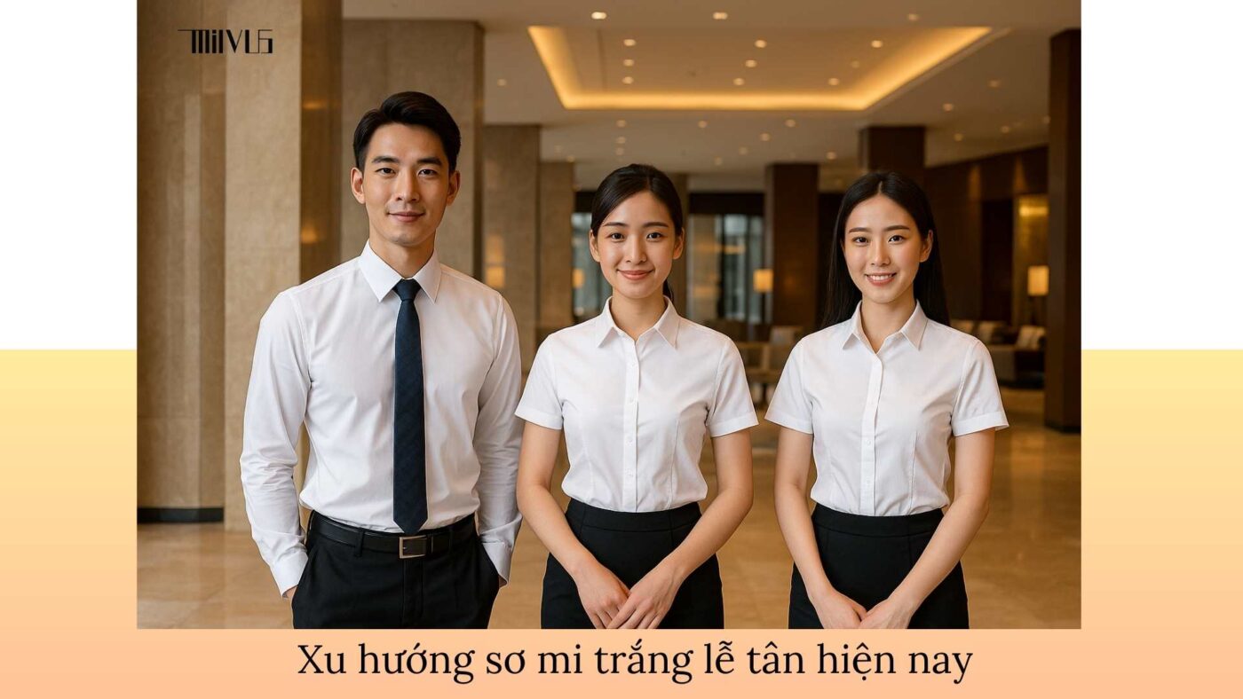 Áo sơ mi trắng cho nhân viên lễ tân – xu hướng slim-fit hiện đại, chuyên nghiệp.