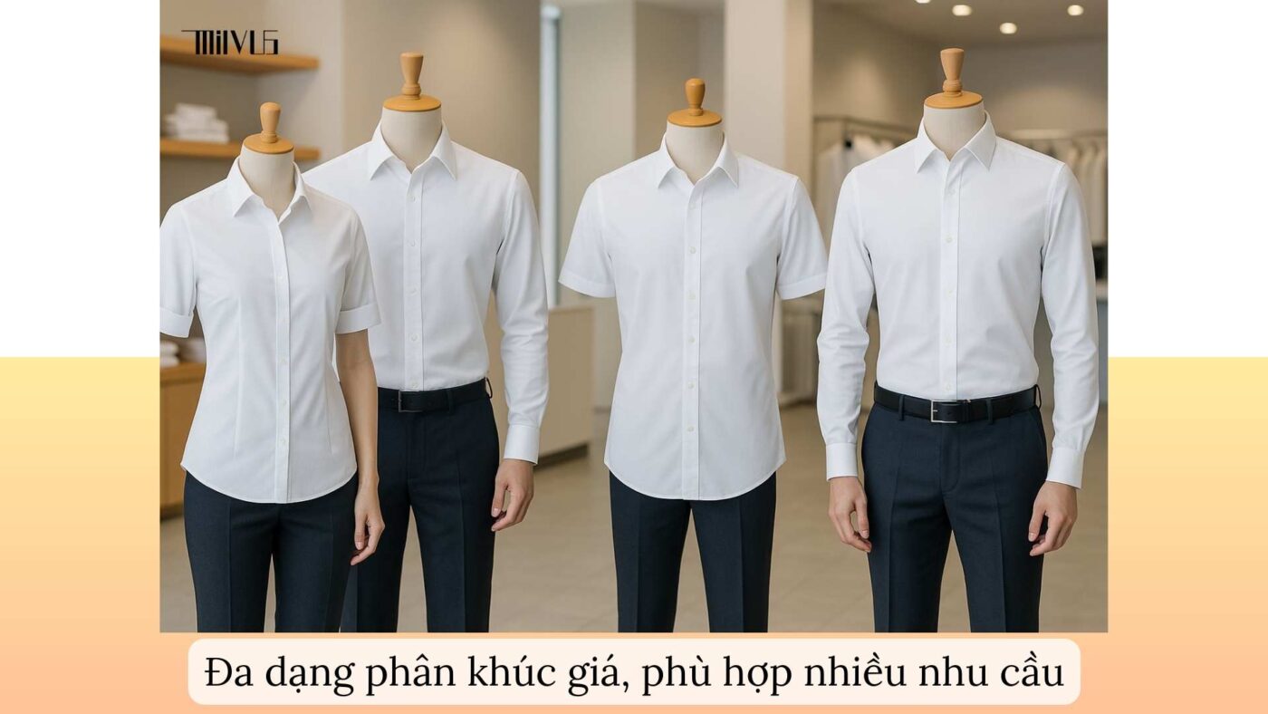Áo sơ mi trắng cho nhân viên bán hàng – đa dạng phân khúc giá, phù hợp nhiều nhu cầu.