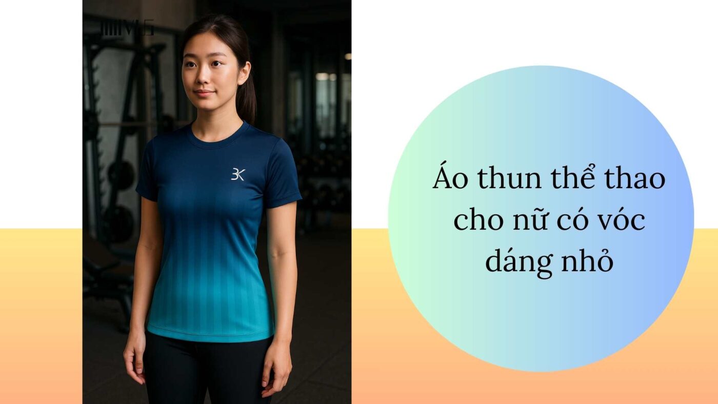 Người mẫu nữ châu Á mặc áo thun thể thao xanh đậm–xanh nhạt trong phòng gym, thiết kế tôn dáng nhỏ nhắn, mang lại sự trẻ trung