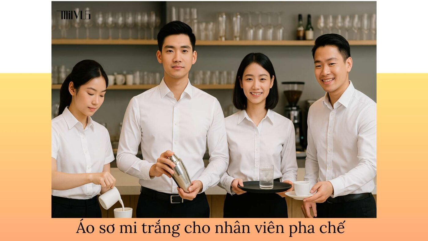 Áo sơ mi trắng cho nhân viên pha chế – đồng phục đồng bộ, sạch sẽ, chuyên nghiệp trong ngành F&B.