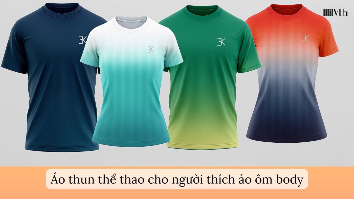 Bộ sưu tập áo thun thể thao ôm body gồm 2 mẫu nam (xanh navy, xanh lá) và 2 mẫu nữ (xanh trắng, đỏ loang), nền sáng trung tính, kèm chữ “Áo thun thể thao ôm body – Tôn dáng & Thoải mái”