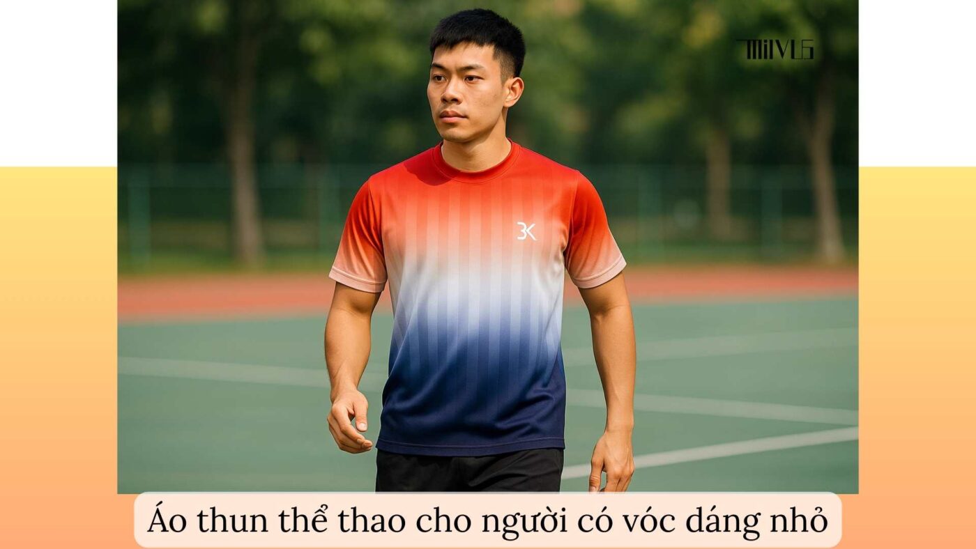Áo thun thể thao cho người có vóc dáng nhỏ phối màu đỏ – tím – trắng, thiết kế hiện đại, phù hợp cả tập luyện và dạo phố.