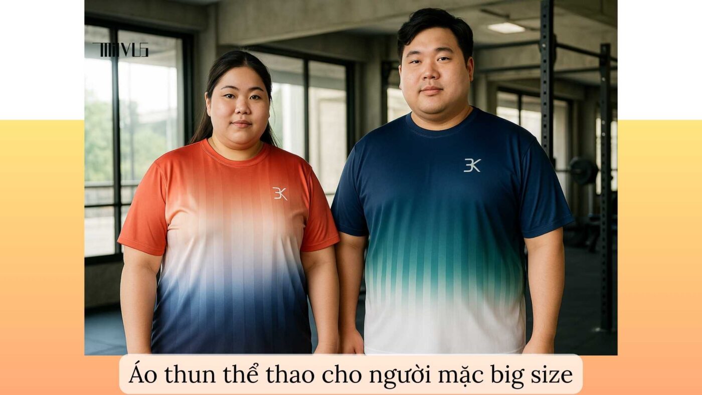 Người mẫu châu Á mặc áo thun thể thao cho người mặc big size với thiết kế đơn giản, thoải mái và thời trang