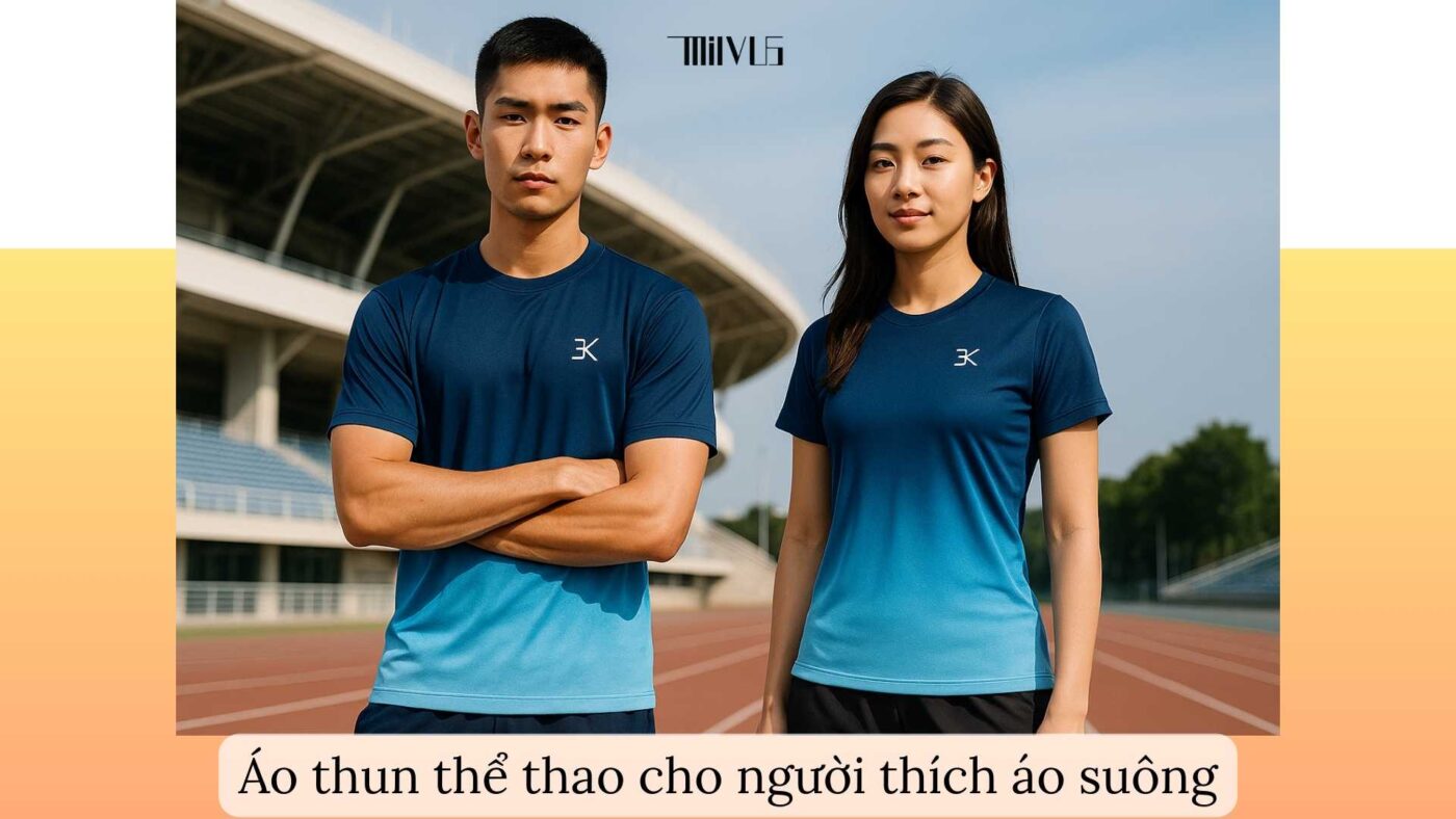 Người mẫu nam và nữ châu Á mặc áo thun thể thao suông xanh biển đậm chuyển nhạt, chụp trong bối cảnh urban ngoài trời, phong cách thời trang branding.