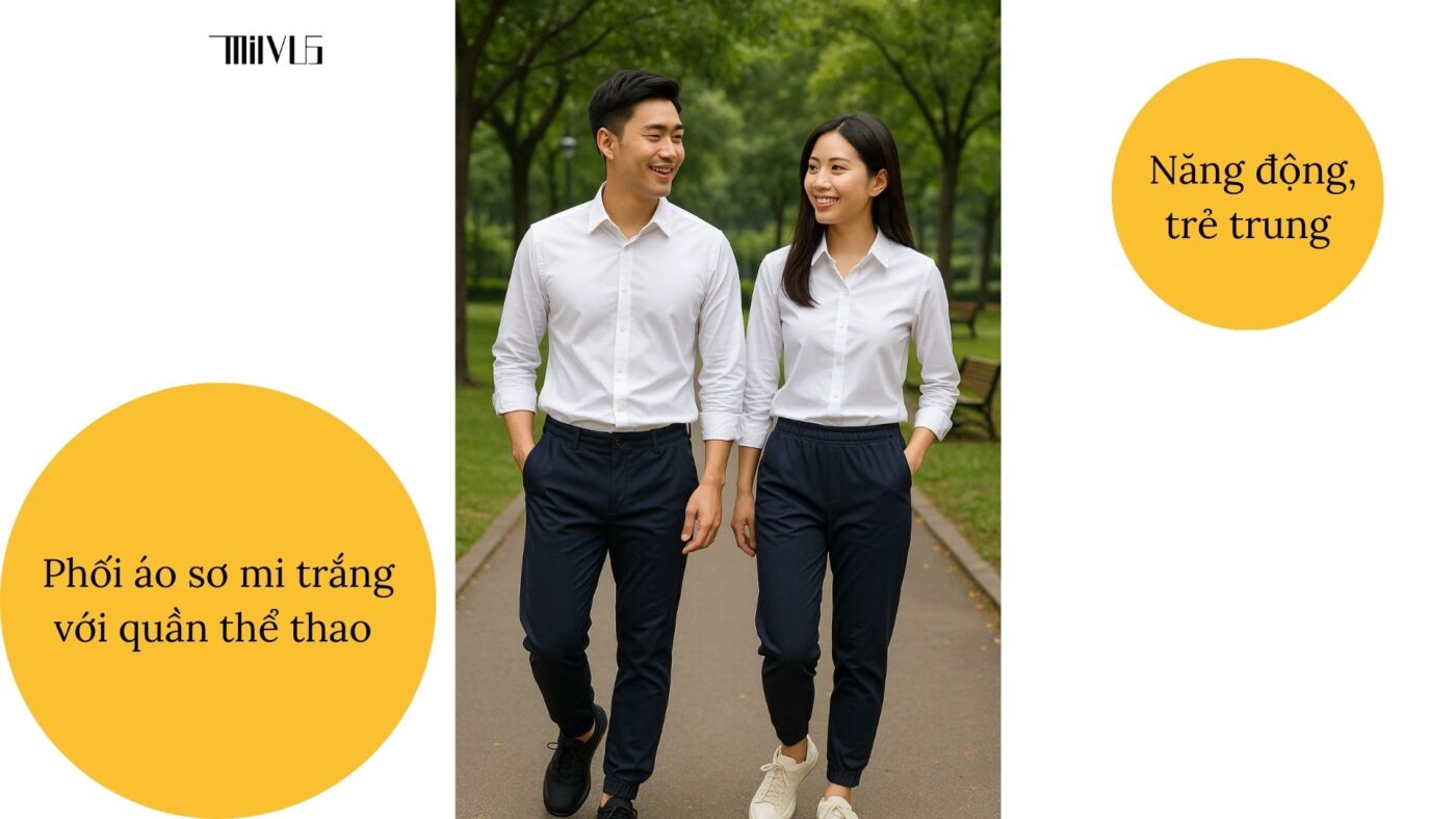 Phối áo sơ mi trắng với quần thể thao – năng động, trẻ trung.