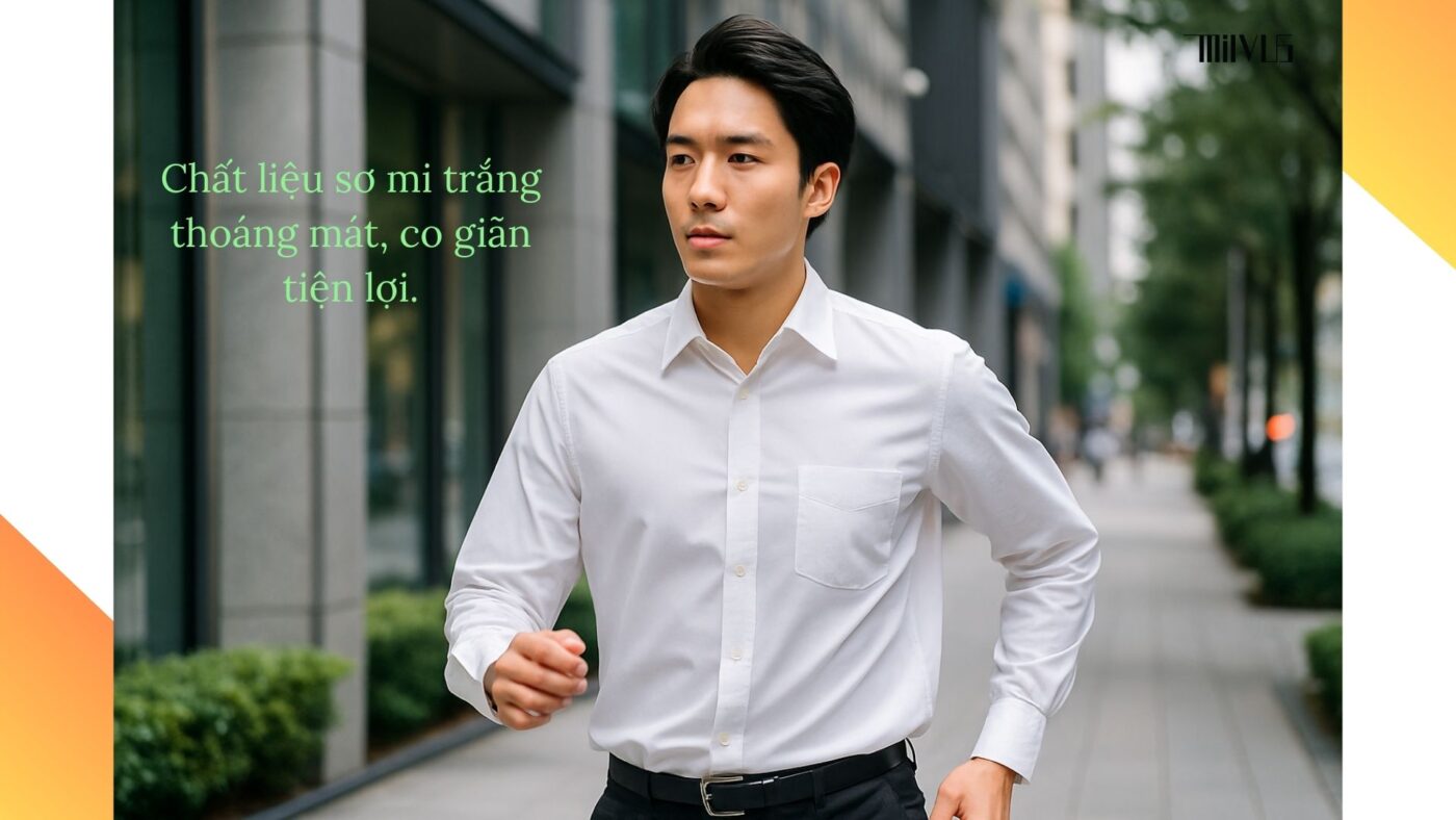 Áo sơ mi trắng cho người hay vận động – chất liệu thoáng mát, co giãn tiện lợi.