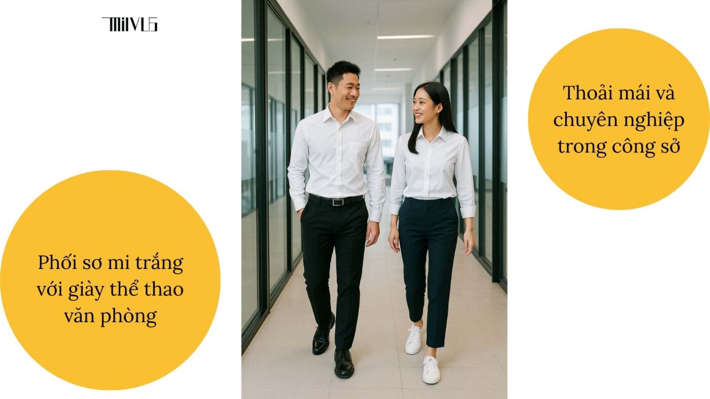 Áo sơ mi trắng phối giày thể thao – thoải mái và chuyên nghiệp trong công sở.