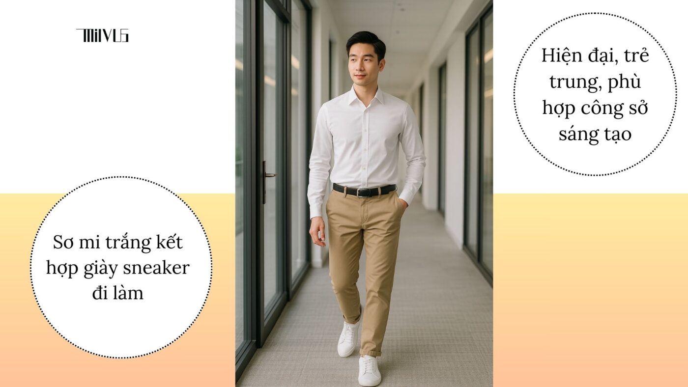 "Áo sơ mi trắng phối sneaker – hiện đại, trẻ trung, phù hợp công sở sáng tạo.