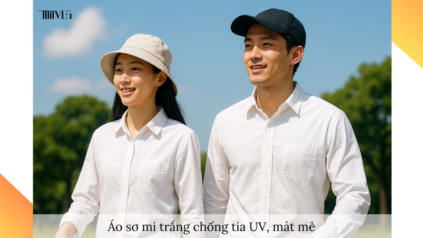 Áo sơ mi trắng cho người mặc ngoài trời nắng – chống tia UV, mát mẻ.