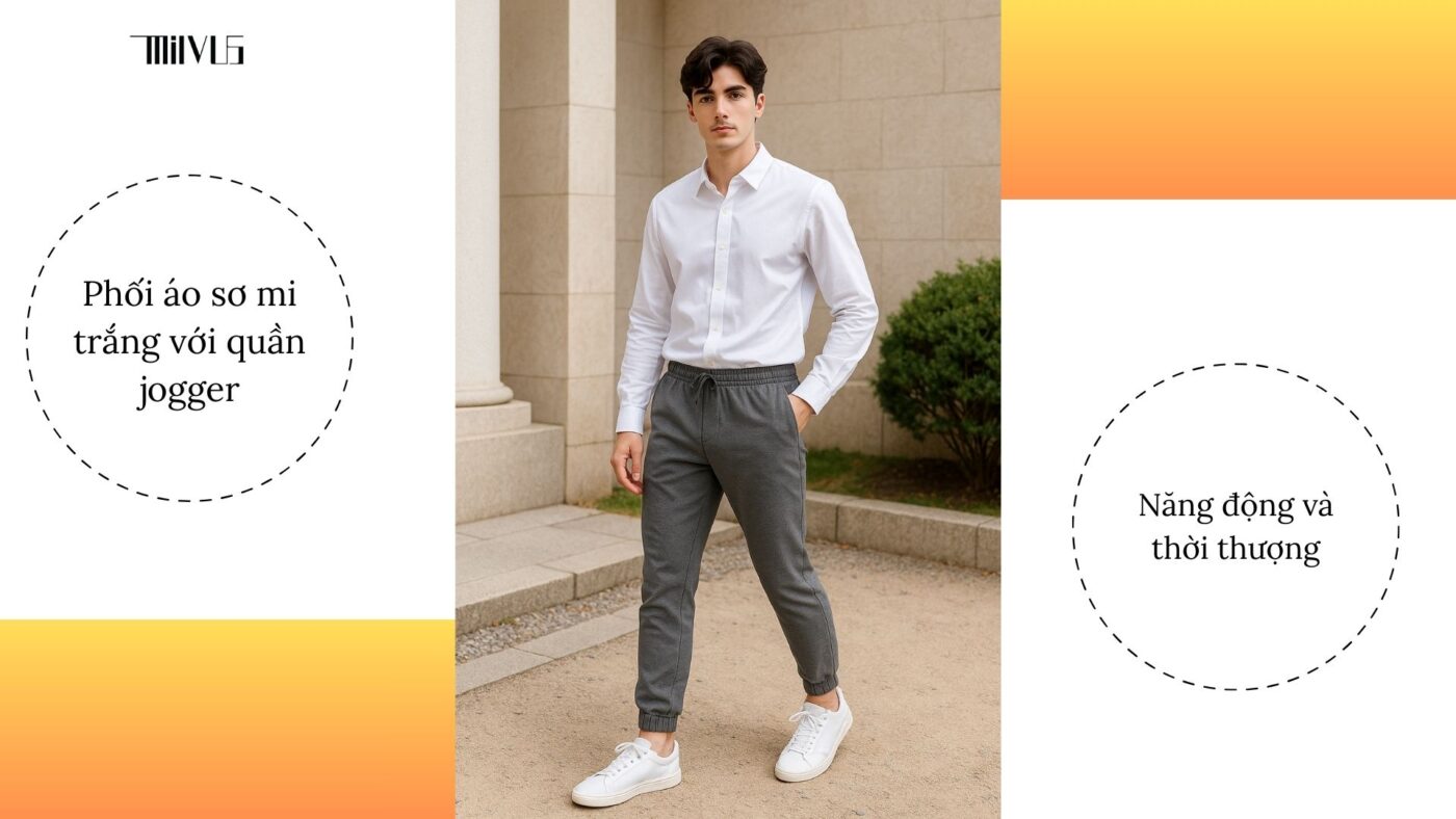 Phối áo sơ mi trắng với quần jogger năng động