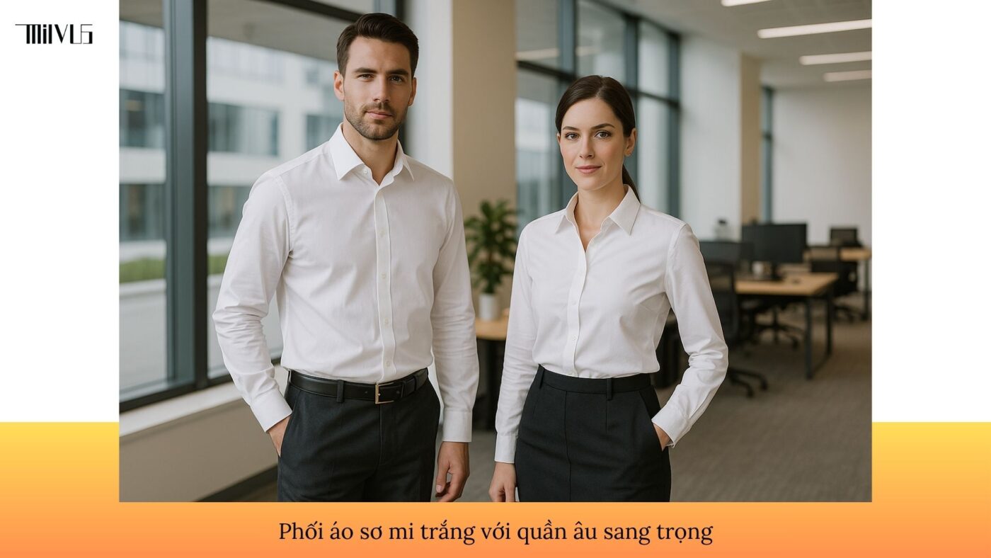 Phối áo sơ mi trắng với quần âu sang trọng