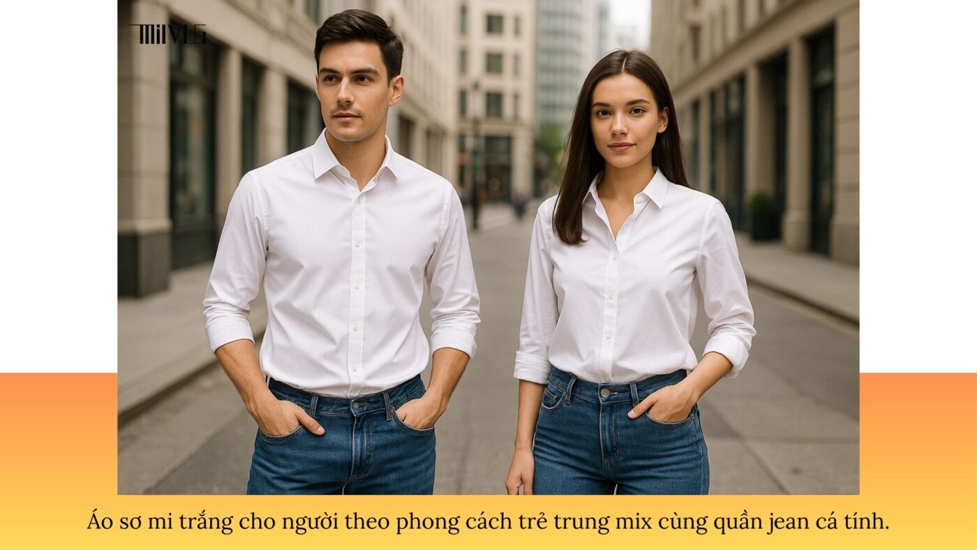 Áo sơ mi trắng kết hợp quần jean cá tính