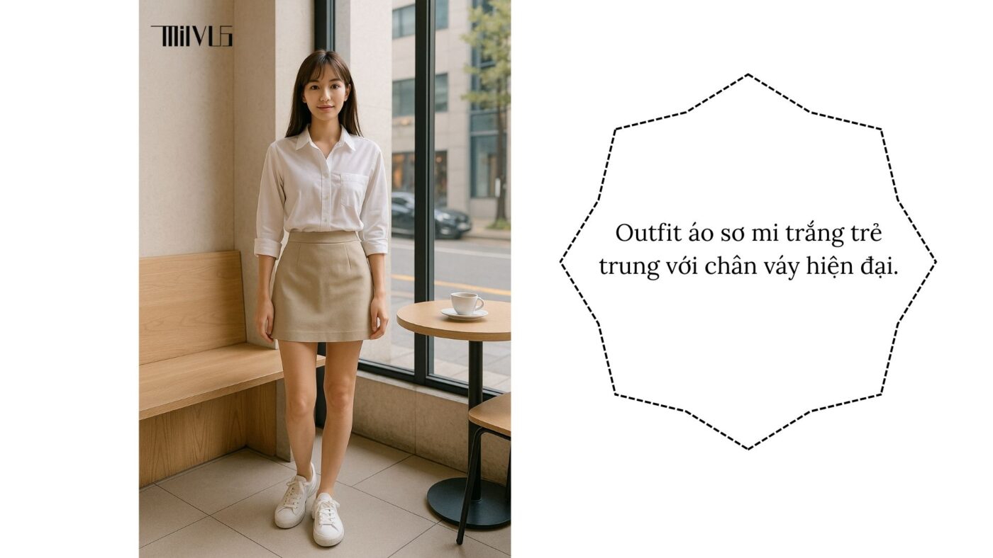 Mix áo sơ mi trắng với chân váy hiện đại