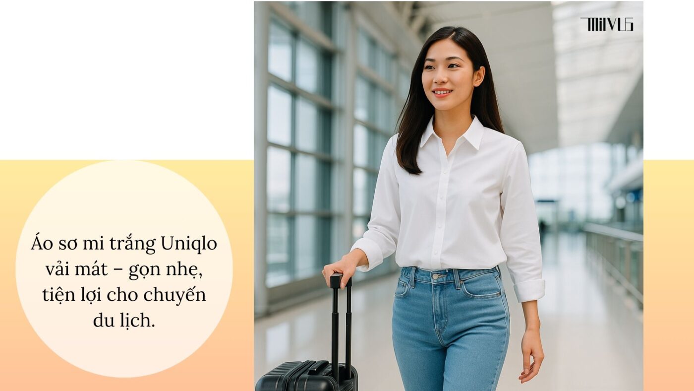 Áo sơ mi trắng Uniqlo vải mát – gọn nhẹ, tiện lợi cho chuyến du lịch