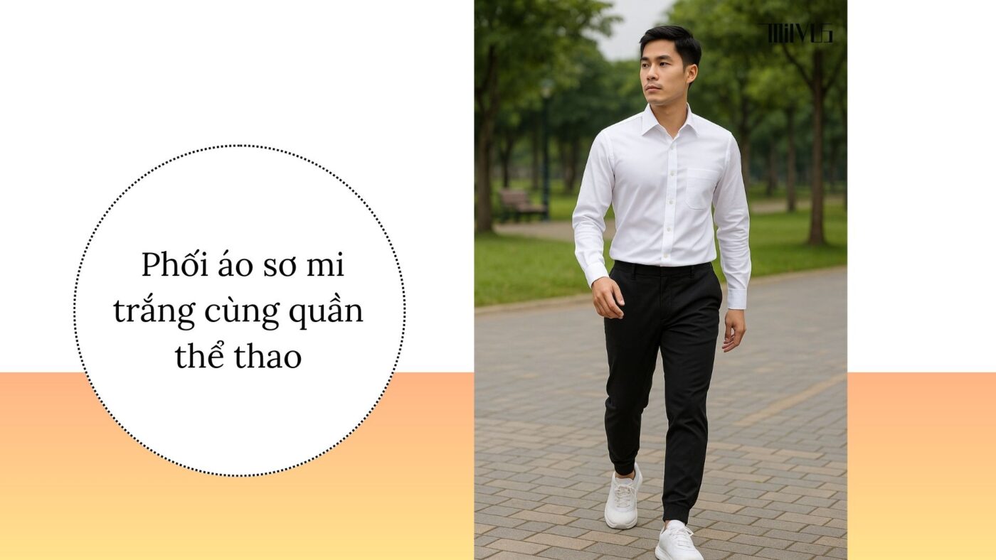 Phối áo sơ mi trắng Việt Tiến vải dày với quần thể thao năng động