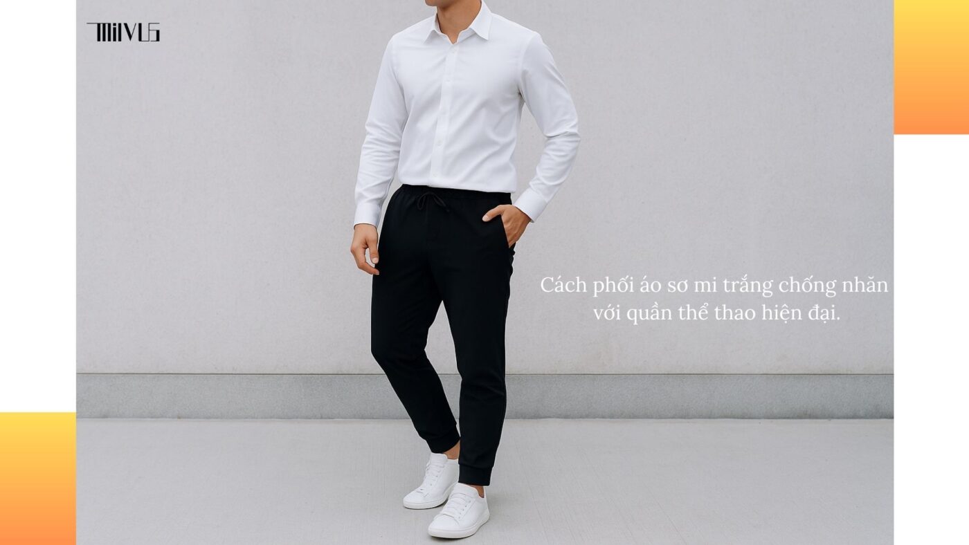 Cách phối áo sơ mi trắng với quần thể thao