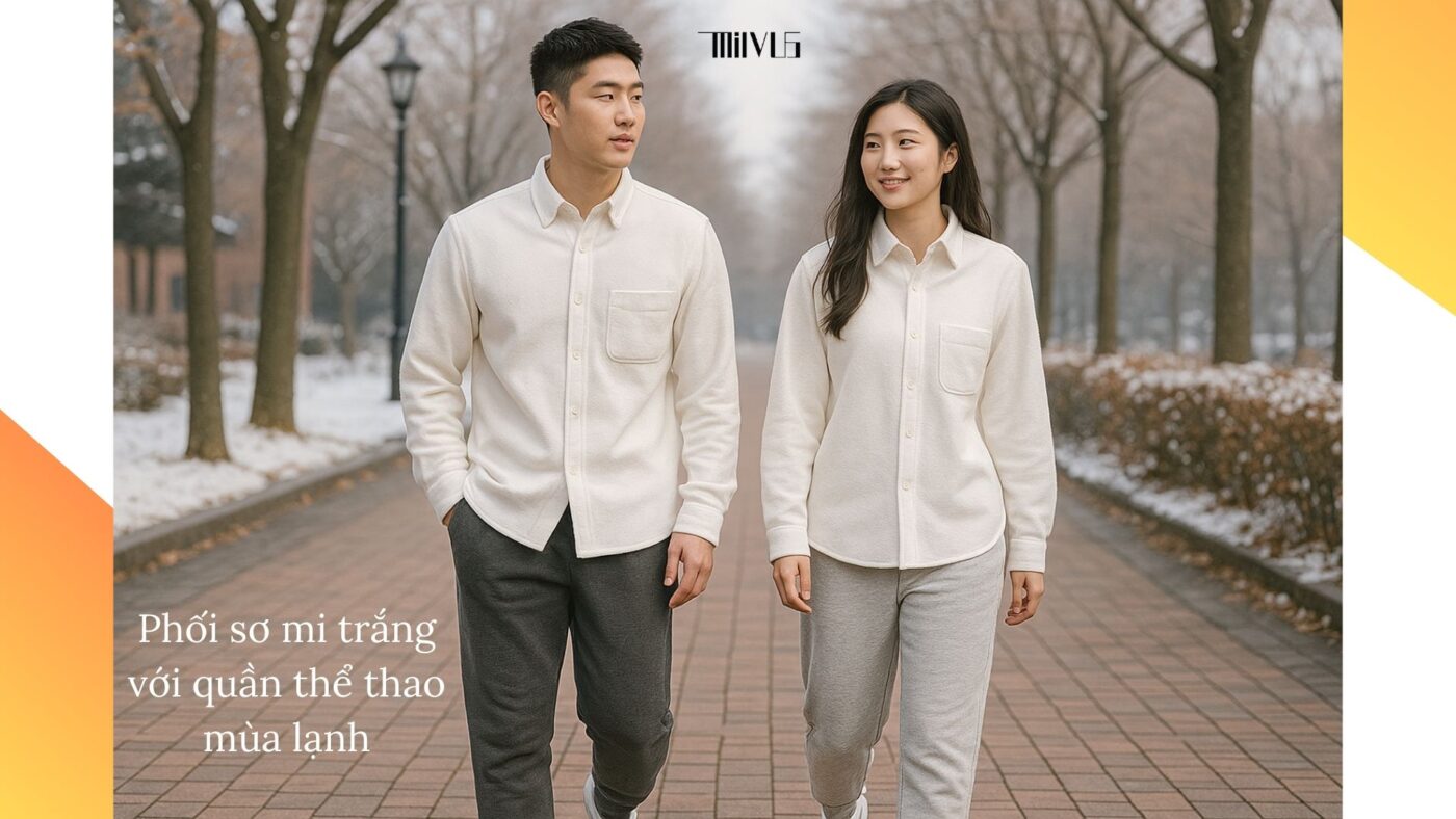 Phối áo sơ mi trắng cho người thích vải dày dặn mùa đông với quần thể thao