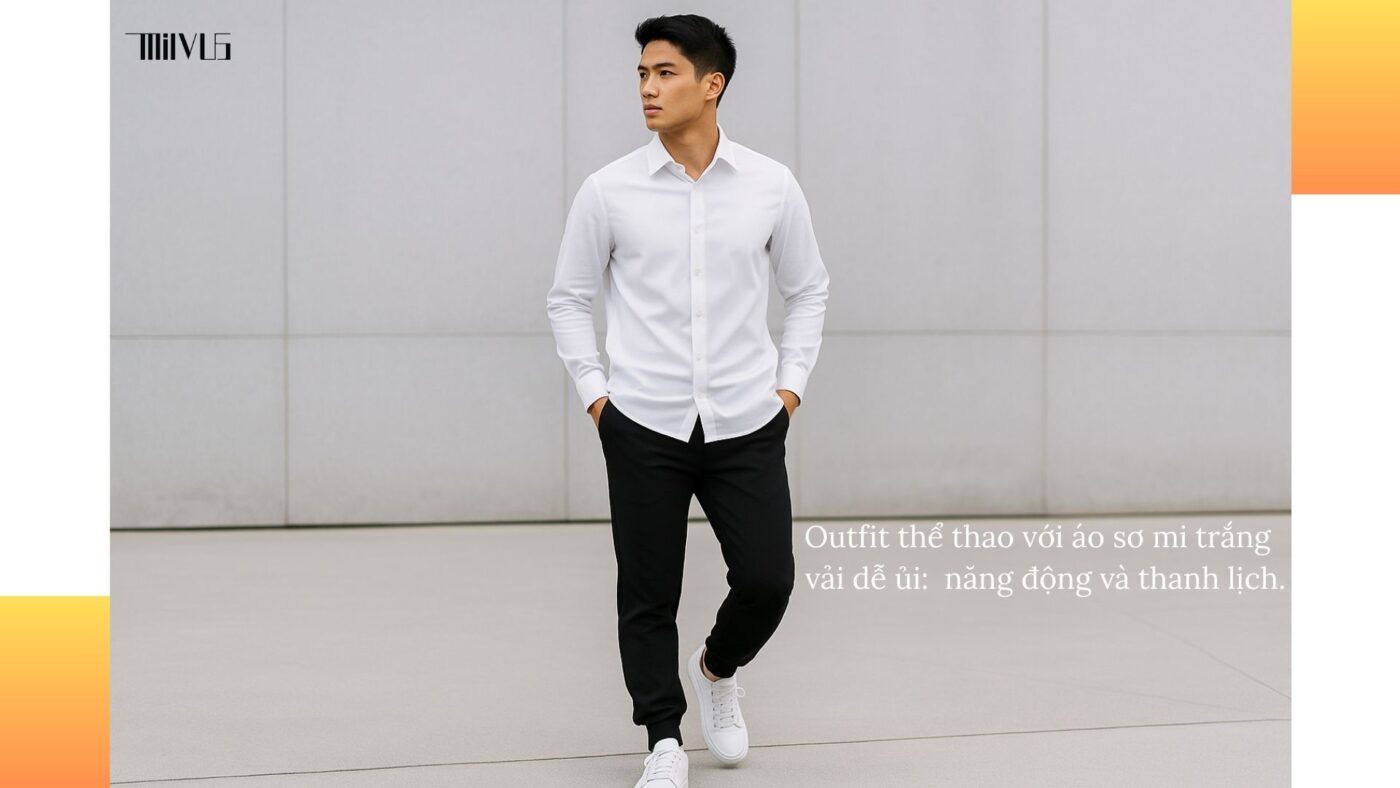 Cách phối áo sơ mi trắng dễ ủi với quần thể thao