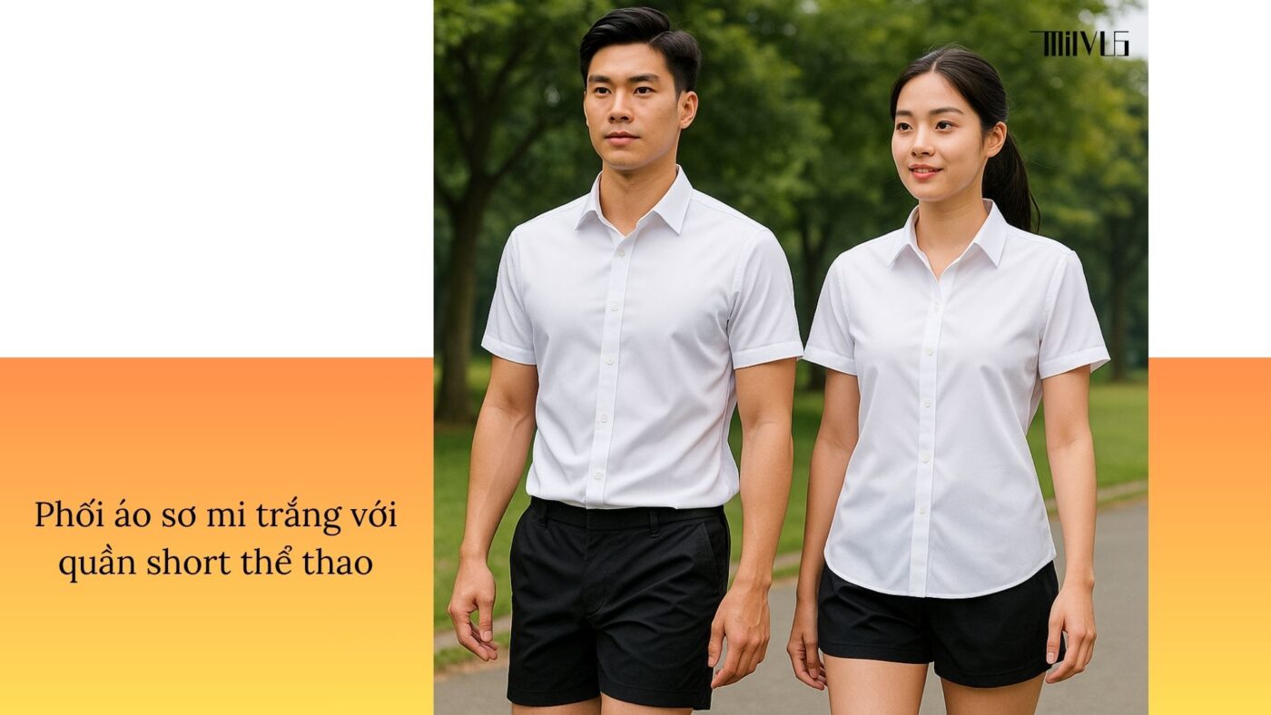 Áo sơ mi trắng vải không thấm mồ hôi phối với quần short thể thao