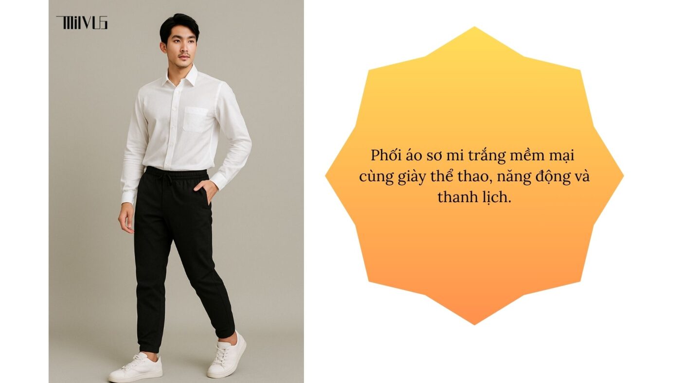 Phối áo sơ mi mềm với giày thể thao năng động
