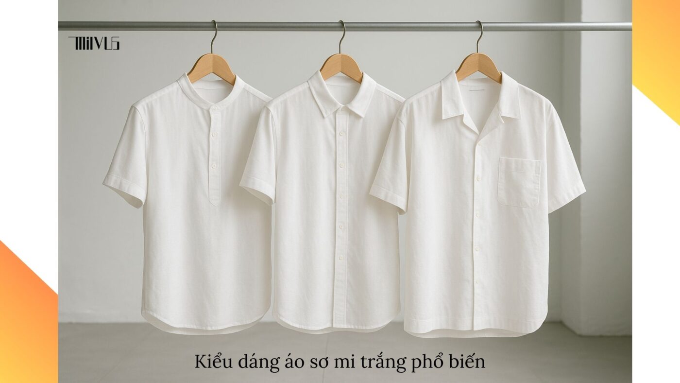 Các kiểu dáng áo sơ mi trắng vải mỏng nhẹ mùa hè – cổ trụ, cổ bẻ, form rộng.