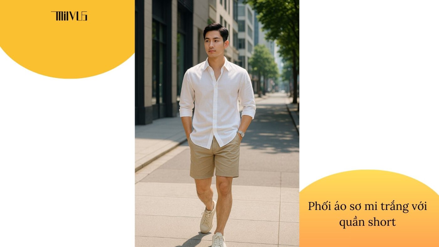 Áo sơ mi trắng vải mỏng nhẹ phối cùng quần short – phong cách năng động mùa hè.