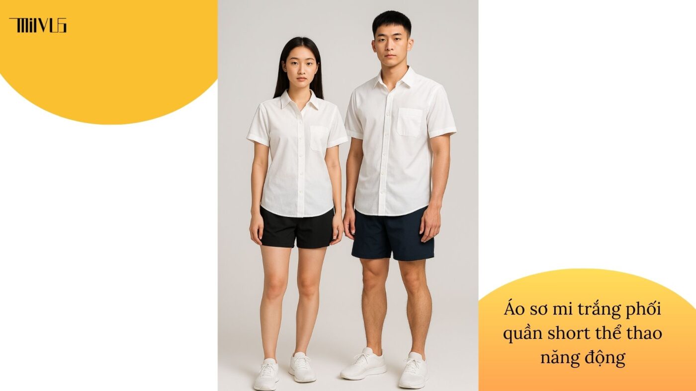 Áo sơ mi trắng cho người thích vải nhẹ phối quần short thể thao năng động.