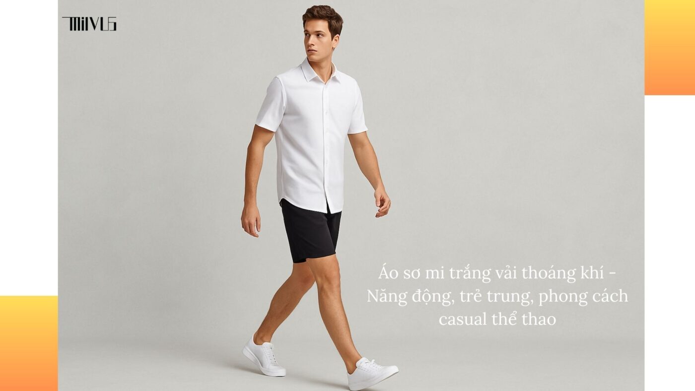 Phối áo sơ mi trắng với quần short thể thao