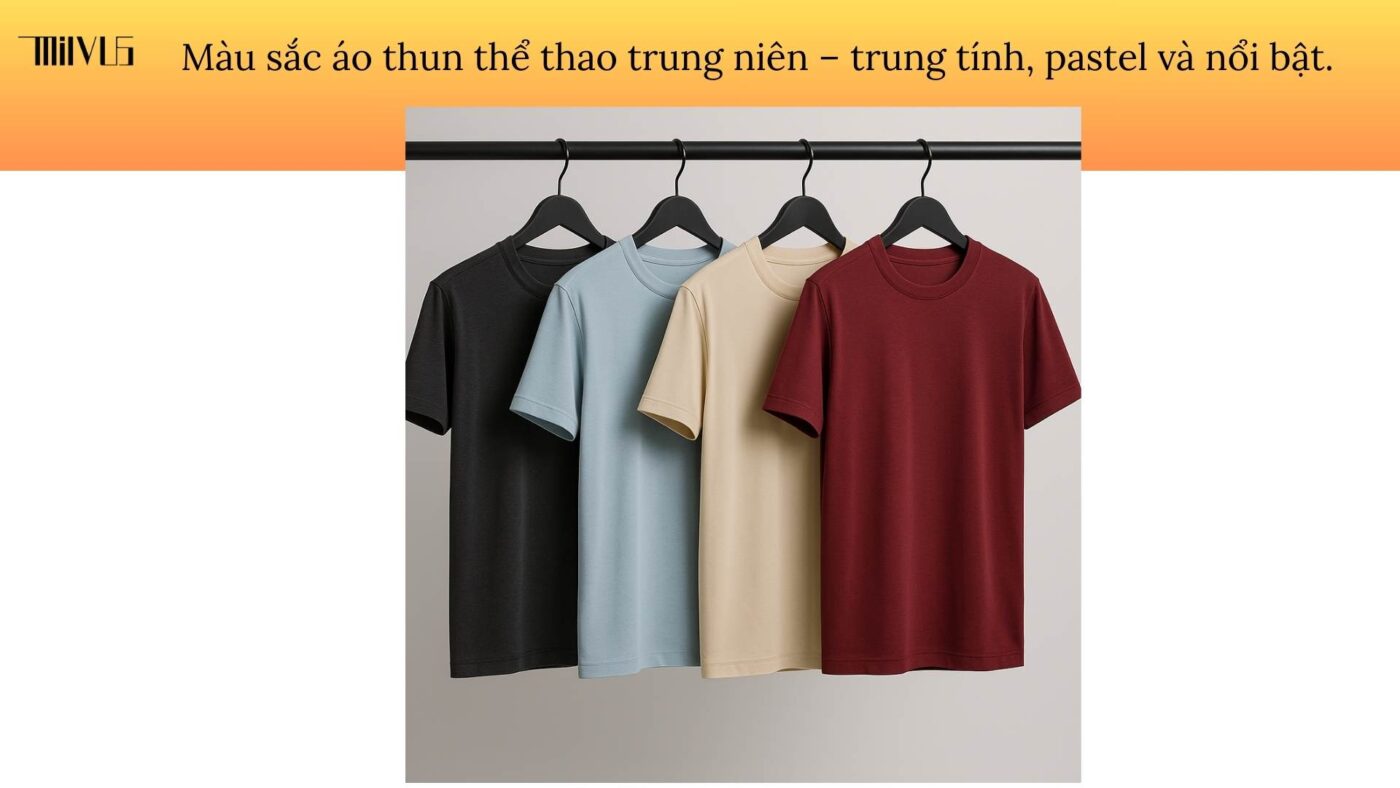 Màu sắc áo thun thể thao trung niên – trung tính, pastel và nổi bật.