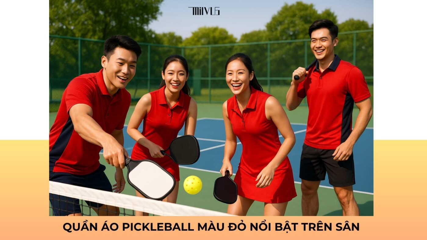 Quần áo pickleball màu đỏ nổi bật trên sân